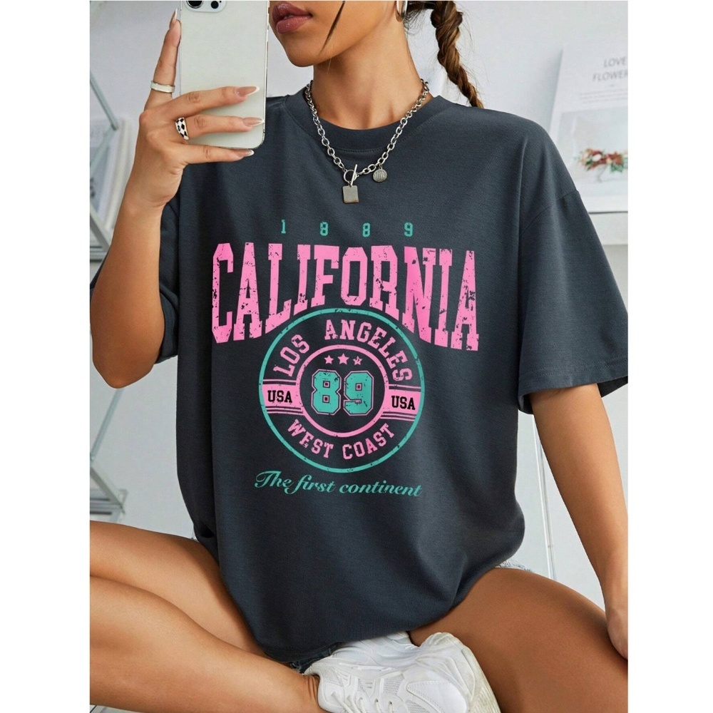 Grey California Los Angeles Print Graphic Oversized Tee Shirt Crew Neck